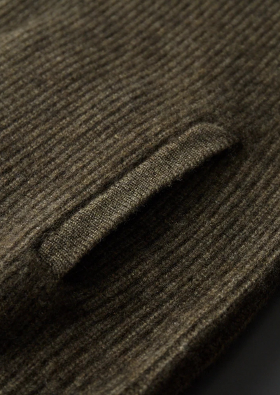 100% CASHMERE RIBBED HIGH COLLAR CARDIGAN