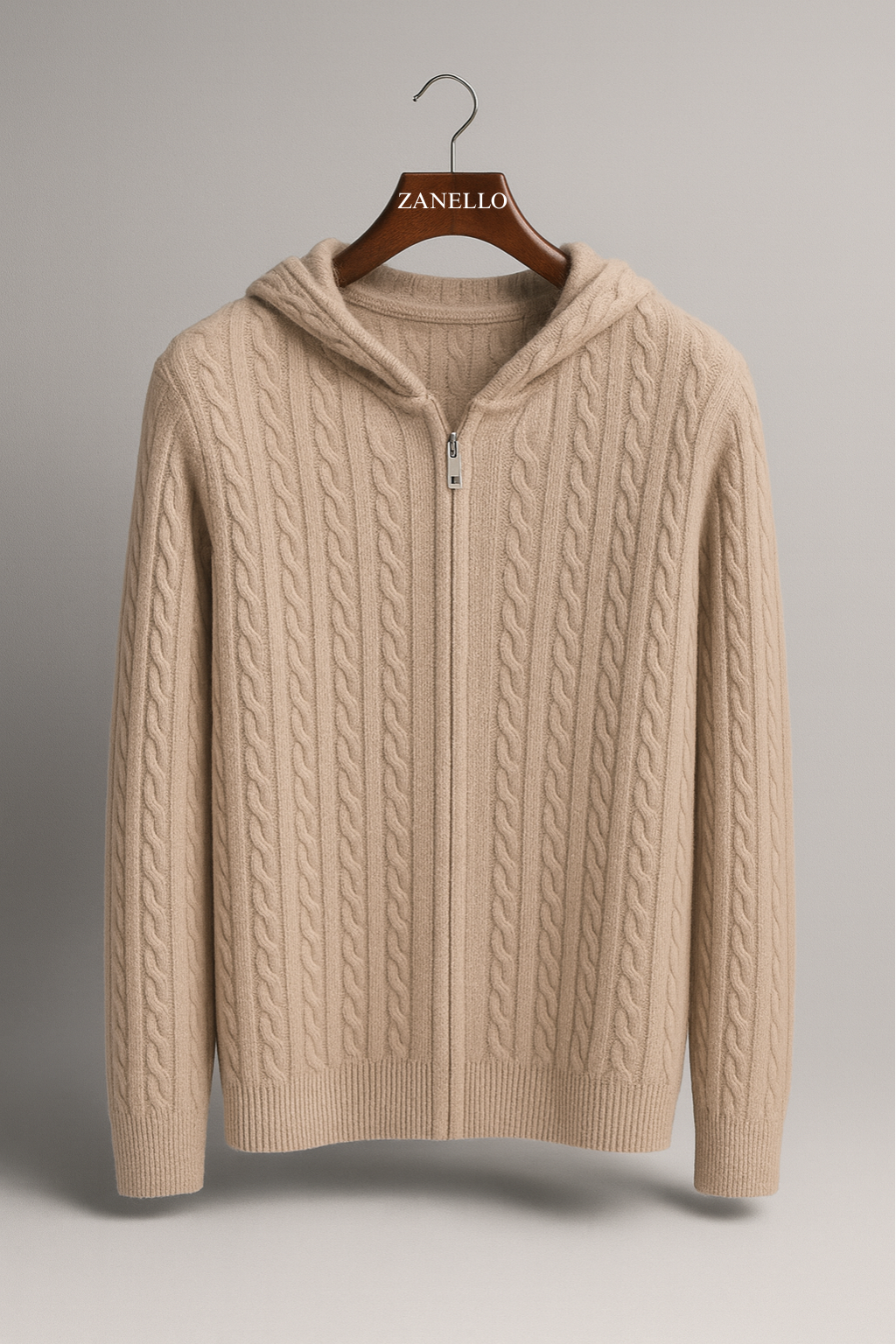 100% CASHMERE CABLE KNIT ZIPPER HOODIE