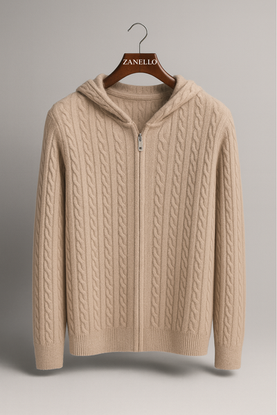 100% CASHMERE CABLE KNIT ZIPPER HOODIE