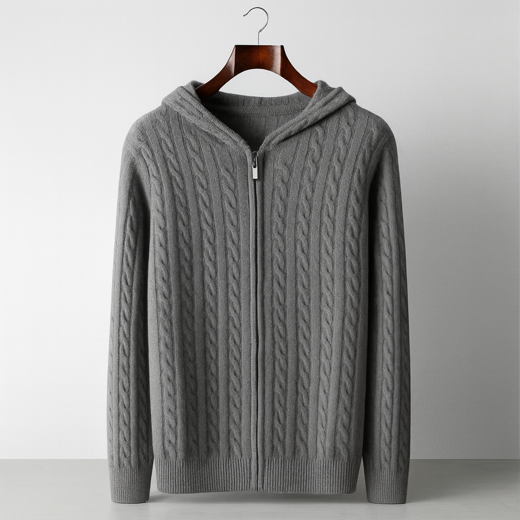 100% CASHMERE CABLE KNIT ZIPPER HOODIE
