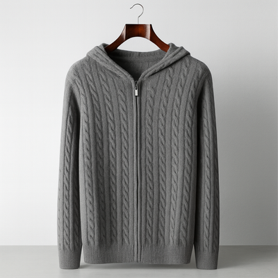 100% CASHMERE CABLE KNIT ZIPPER HOODIE