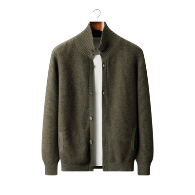 100% CASHMERE RIBBED HIGH COLLAR CARDIGAN
